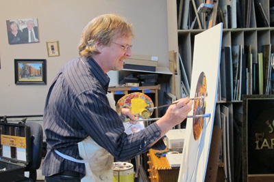 Vincent Crotty working in his studio; European sign craft; 2013: Dorchester, Massachusetts